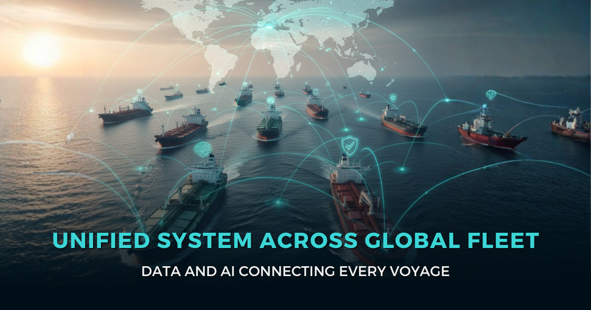A panoramic view of the ocean showing multiple dry bulk vessels sailing in different directions, connected by glowing digital lines and nodes that form a network across the sea. Above the horizon, a faint world map overlay and holographic icons for AI, compliance, and finance float in the sky, symbolizing a unified global fleet powered by data and artificial intelligence.